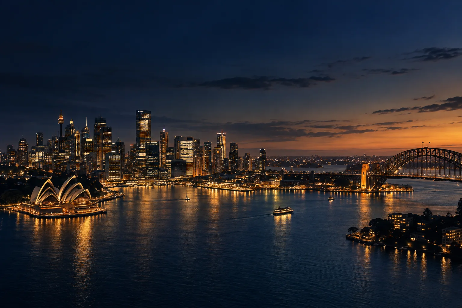 Sydney Harbour and city skyline glowing at dusk