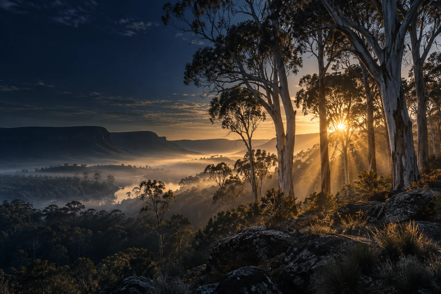 Sunlight breaking through tall eucalyptus trees above a misty Australian valley at dawn