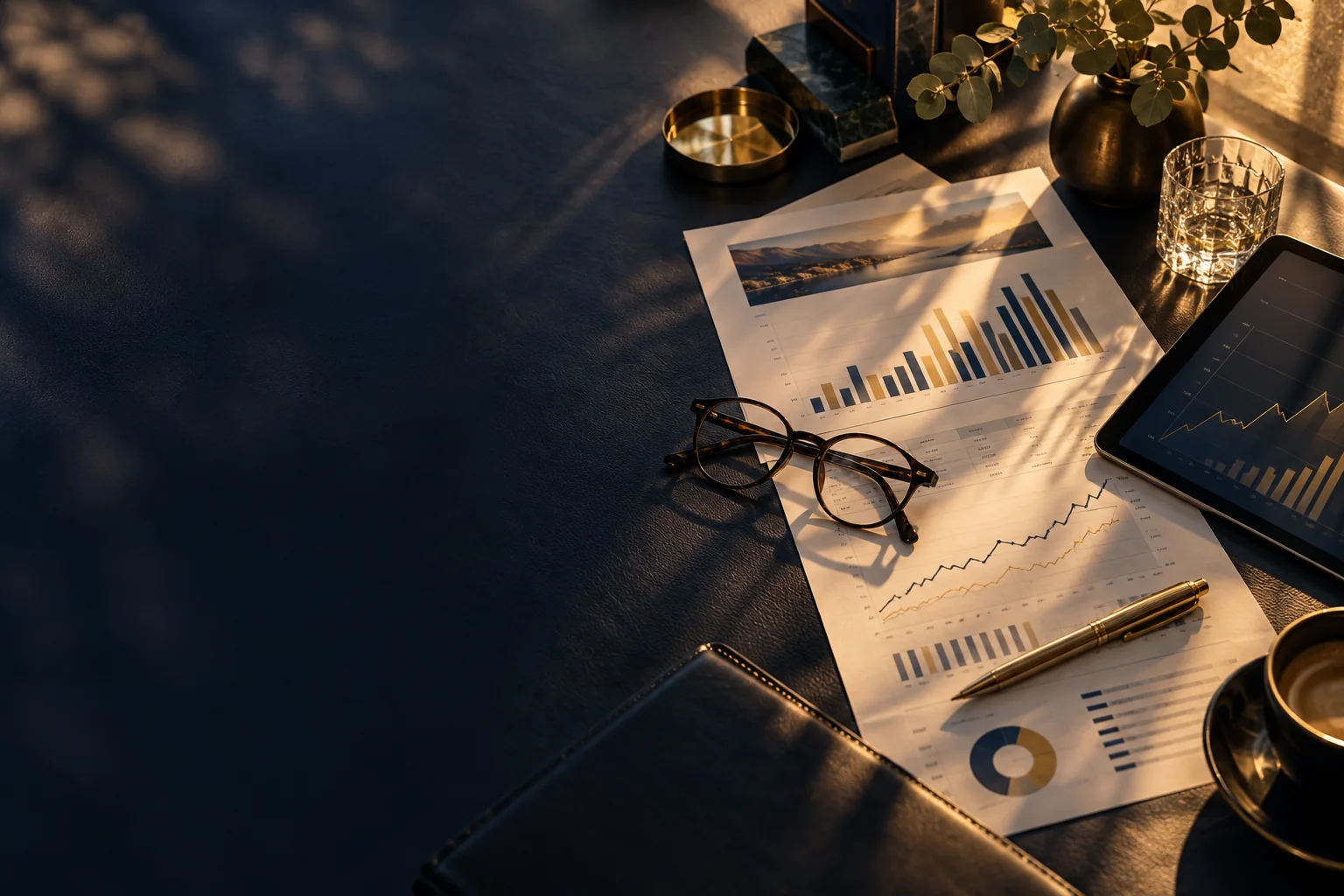 Financial reports with charts, a tablet and a gold pen on a leather desk