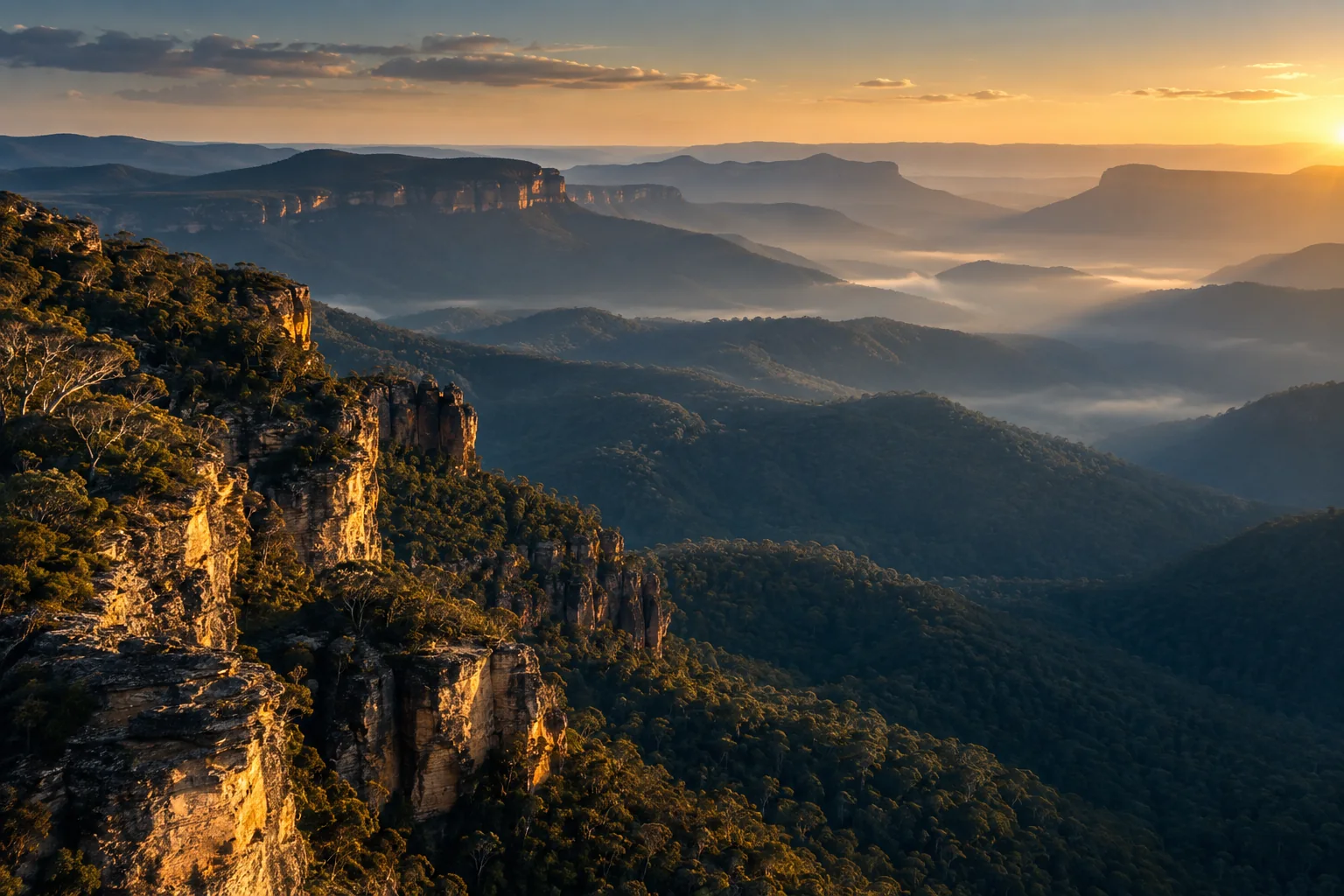Layered ridgelines of the Blue Mountains glowing at golden hour