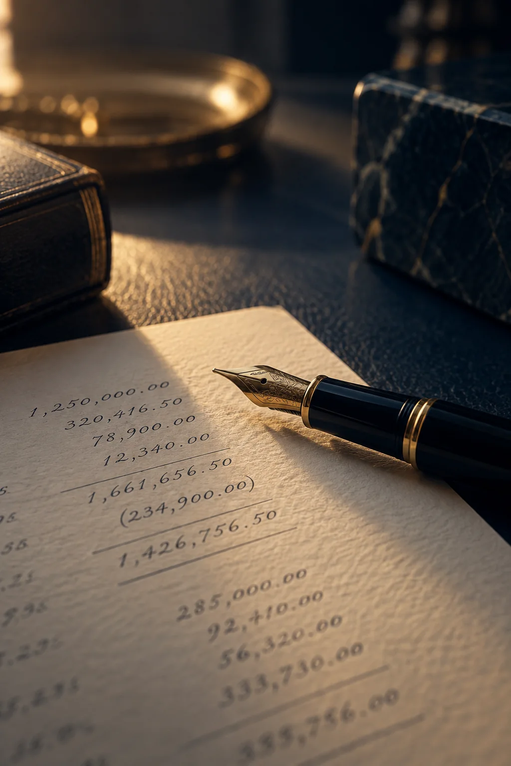 A gold-nibbed fountain pen resting on a handwritten ledger