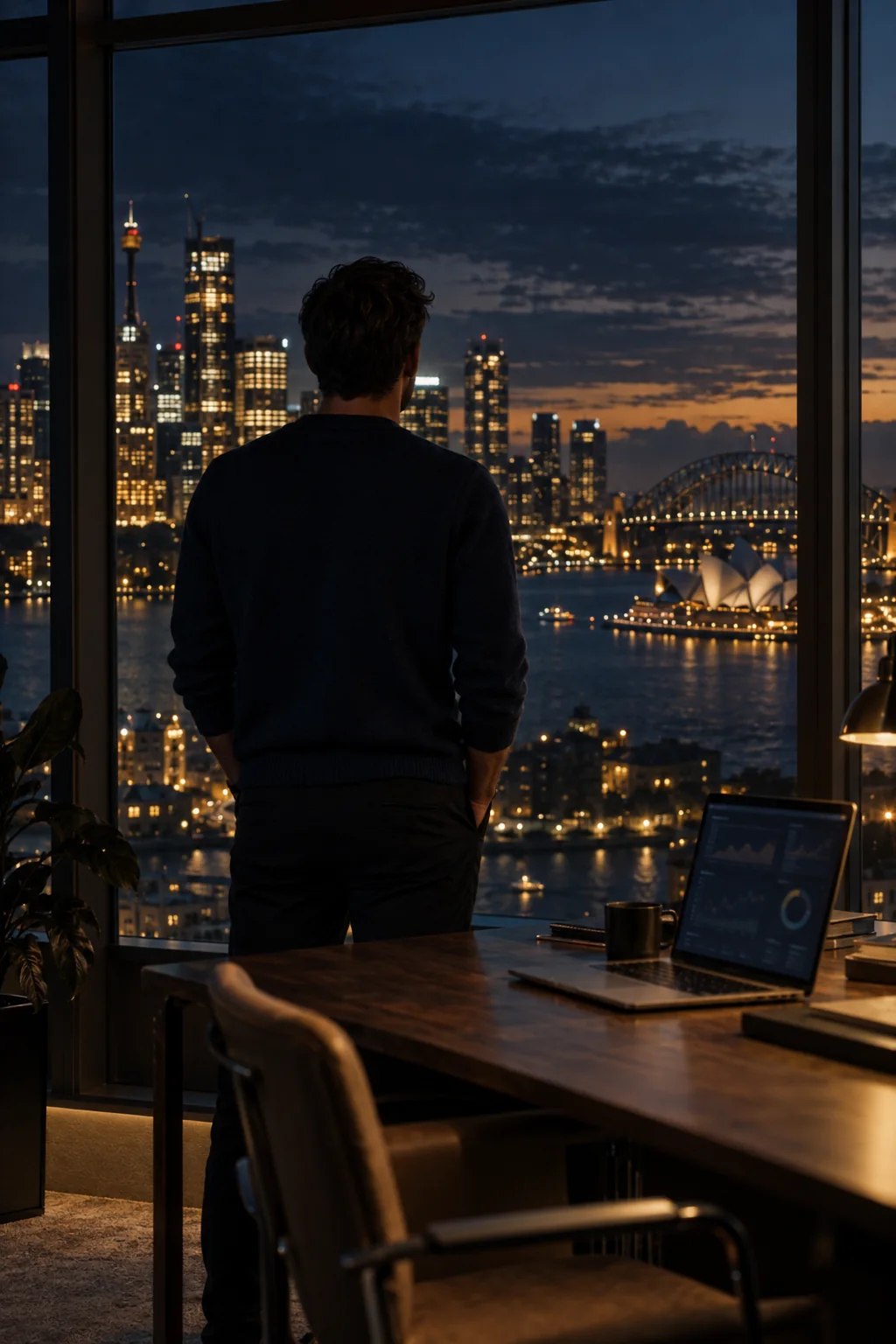 A founder in a high-rise office at dusk beside a laptop showing data dashboards