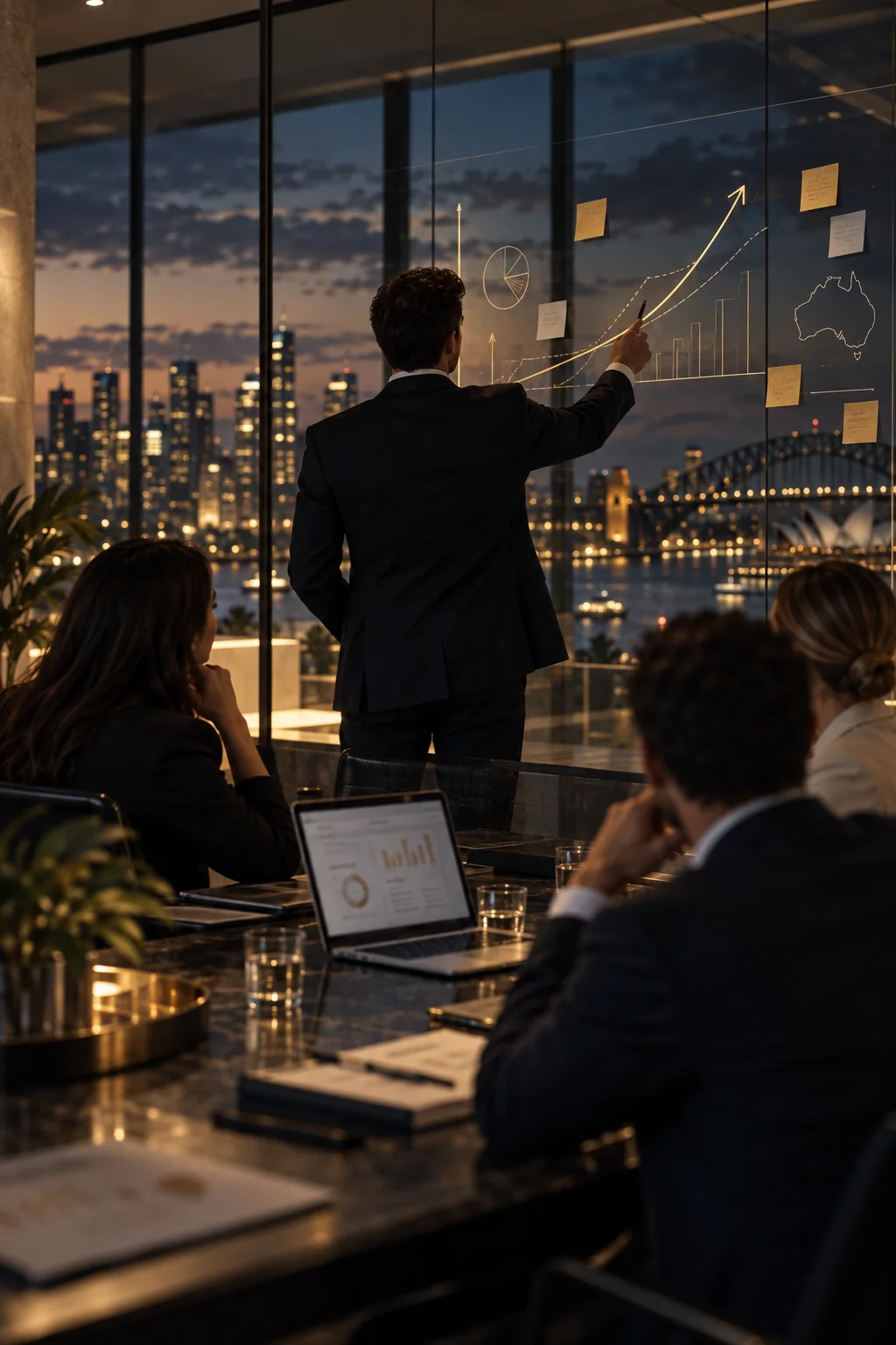 An advisor presenting growth plans on a glass wall in a city boardroom