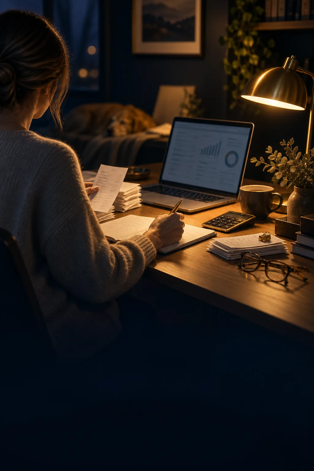 A home study desk with receipts, a calculator and a laptop under a warm lamp